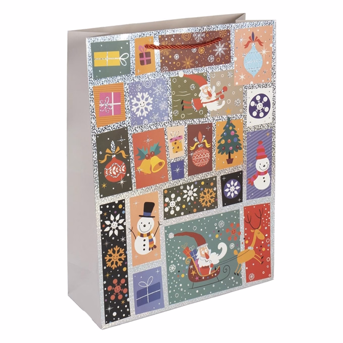Karácsonyi dísztasak CREATIVE Deluxe Plus L 30x42x12 cm ünnepi mintás matt fóliás sodort füles