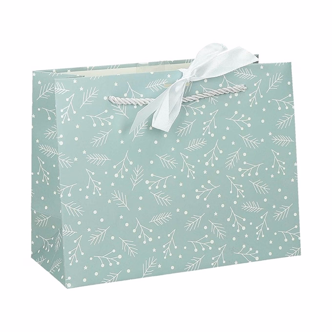 Dísztasak CREATIVE Deluxe Plus L 33x26x12 cm fekvő fagyöngy matt világoszöld sodort füles masnival