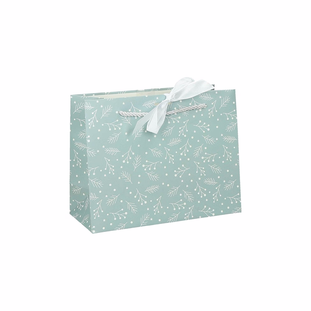 Dísztasak CREATIVE Deluxe Plus L 33x26x12 cm fekvő fagyöngy matt világoszöld sodort füles masnival