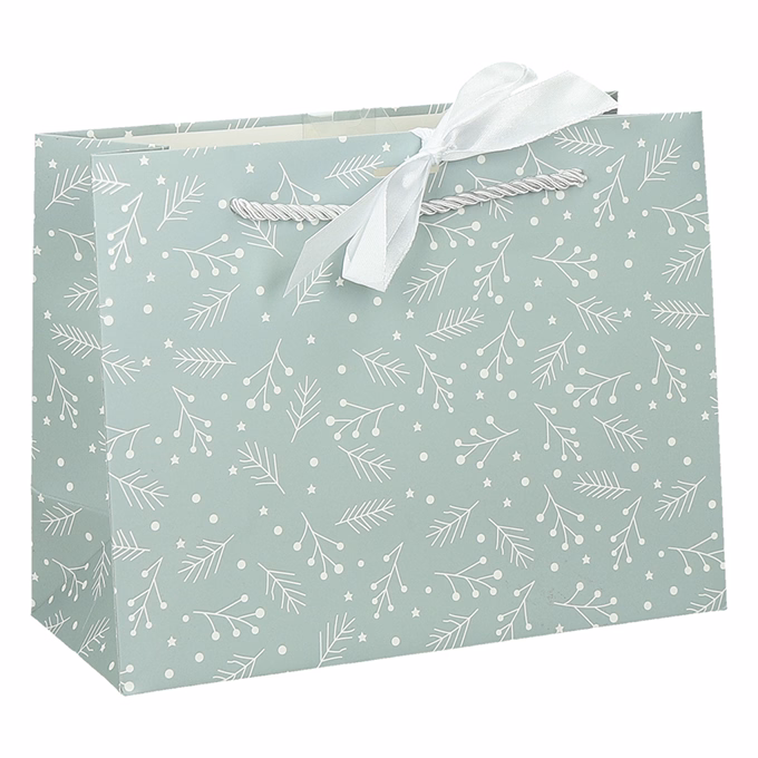 Dísztasak CREATIVE Deluxe Plus L 33x26x12 cm fekvő fagyöngy matt világoszöld sodort füles masnival