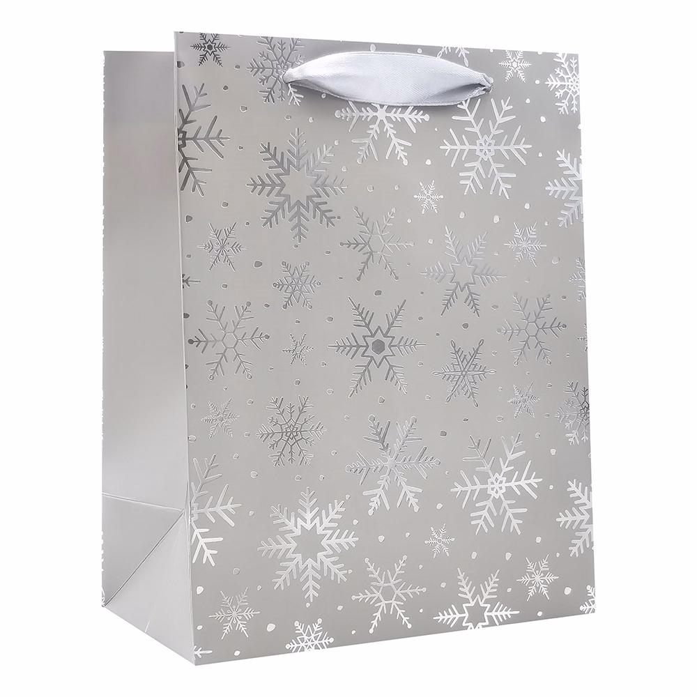 Dísztasak CREATIVE Deluxe Plus M 18x23x10 cm karácsonyi csillagos matt ezüst szalagfüles