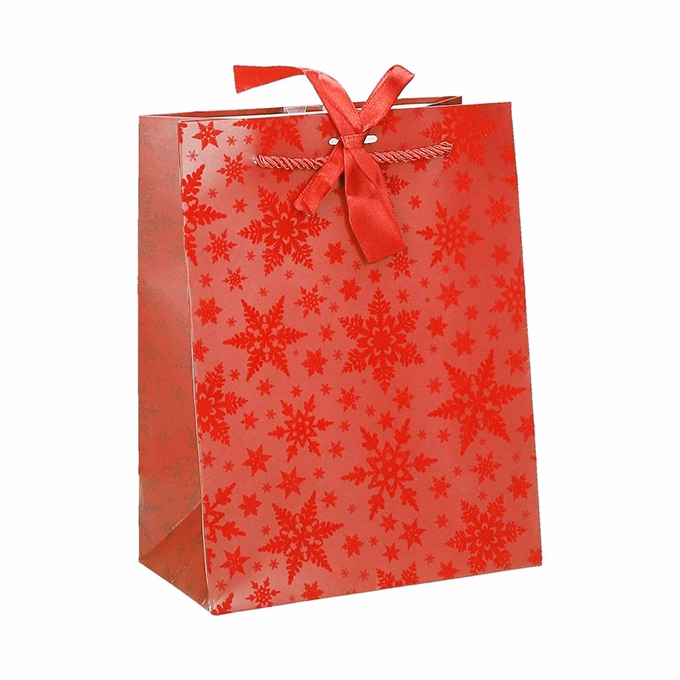 Dísztasak CREATIVE Deluxe Plus M 18x23x10 cm karácsonyi csillagos matt piros sodort füles masnival