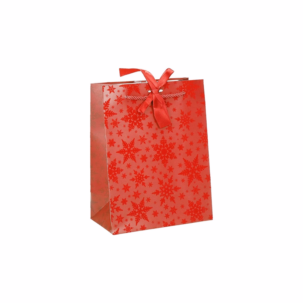 Dísztasak CREATIVE Deluxe Plus M 18x23x10 cm karácsonyi csillagos matt piros sodort füles masnival