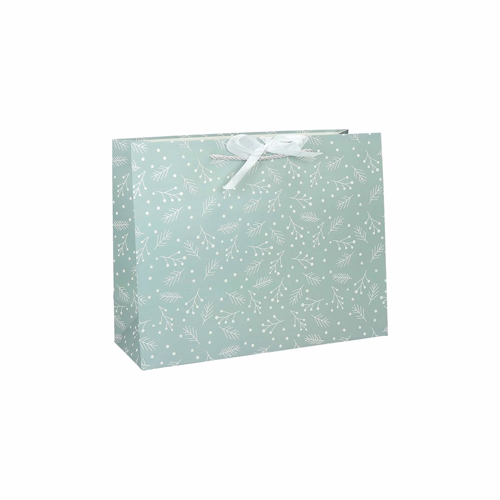 Dísztasak CREATIVE Deluxe Plus XL 45x33x10 cm fekvő fagyöngy matt világoszöld sodort füles masnival