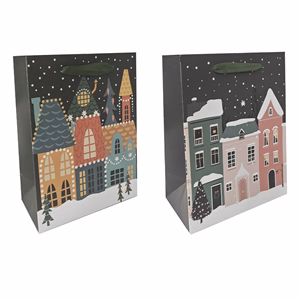 Karácsonyi dísztasak CREATIVE Deluxe plus M 18x23x10 cm színes matt UV lakkos karácsonyi város szalagfüles