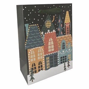 Karácsonyi dísztasak CREATIVE Deluxe plus M 18x23x10 cm színes matt UV lakkos karácsonyi város szalagfüles