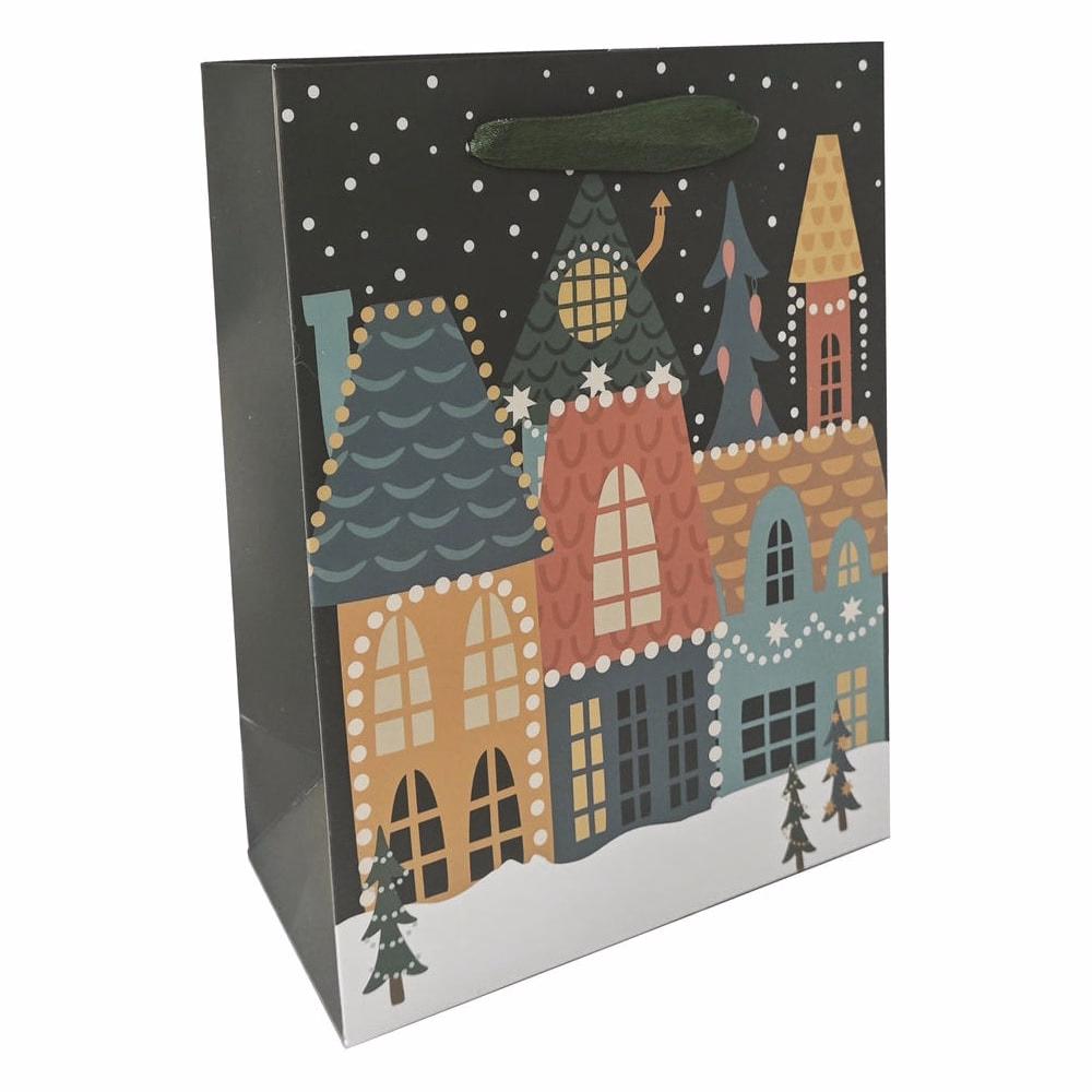 Karácsonyi dísztasak CREATIVE Deluxe plus M 18x23x10 cm színes matt UV lakkos karácsonyi város szalagfüles