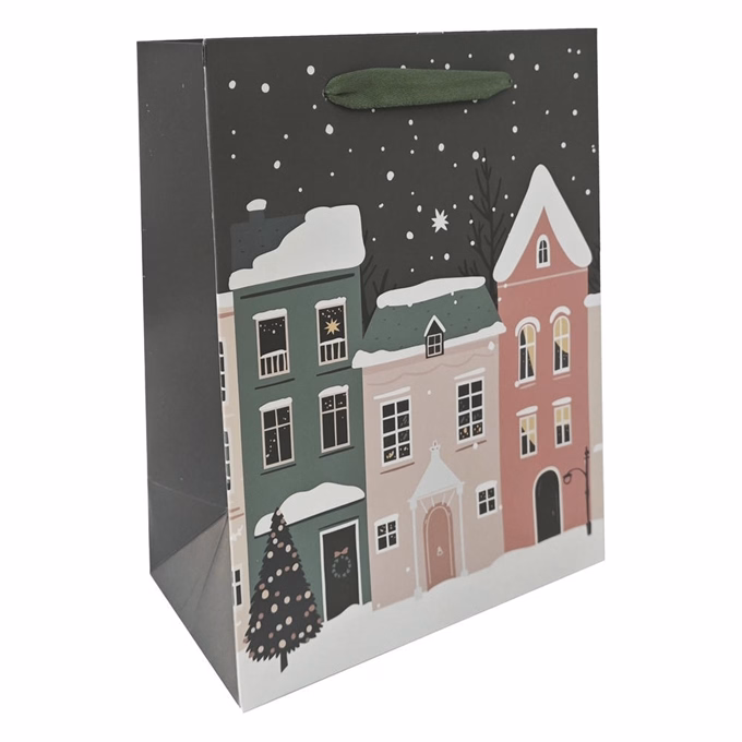Karácsonyi dísztasak CREATIVE Deluxe plus M 18x23x10 cm színes matt UV lakkos karácsonyi város szalagfüles