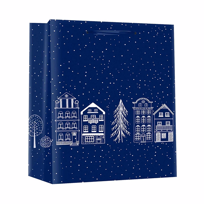 Dísztasak CREATIVE Deluxe plus M 18x23x10 cm karácsonyi színes matt UV lakkos kék fenyővel díszítve szalagfüles