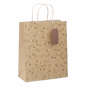 Dísztasak CREATIVE ECO Delucm x Plus L 32cm x 32cm x 12 cm kraft fóliás levél mintás sodort füles