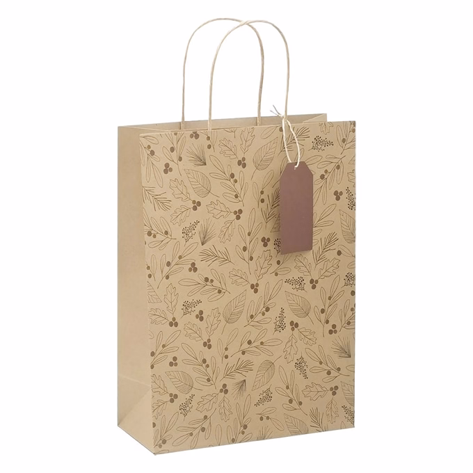 Karácsonyi dísztasak CREATIVE ECO Deluxe Plus XL 32x44x11 cm kraft fóliás levél mintás sodort füles
