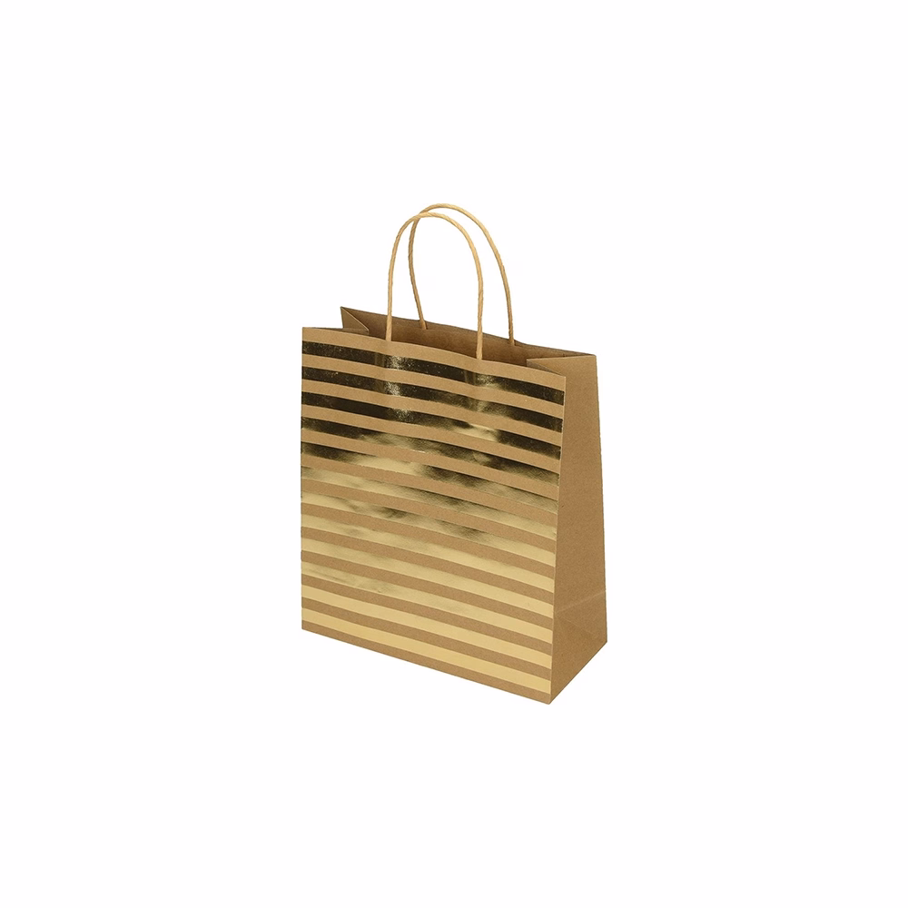 Dísztasak CREATIVE ECO Special Plus M 22x25x10 cm barna fóliás arany csíkos-pöttyös sodort füles