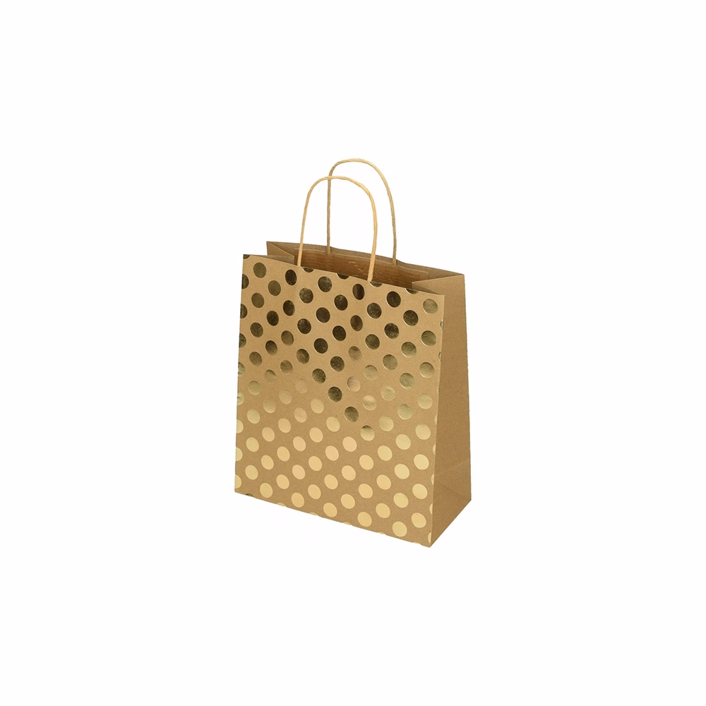 Dísztasak CREATIVE ECO Special Plus M 22x25x10 cm barna fóliás arany csíkos-pöttyös sodort füles