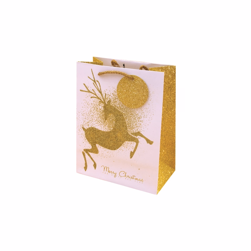 Dísztasak CREATIVE Luxury M 18x23x10 cm karácsonyi arany mintás matt glitteres zsinórfüles