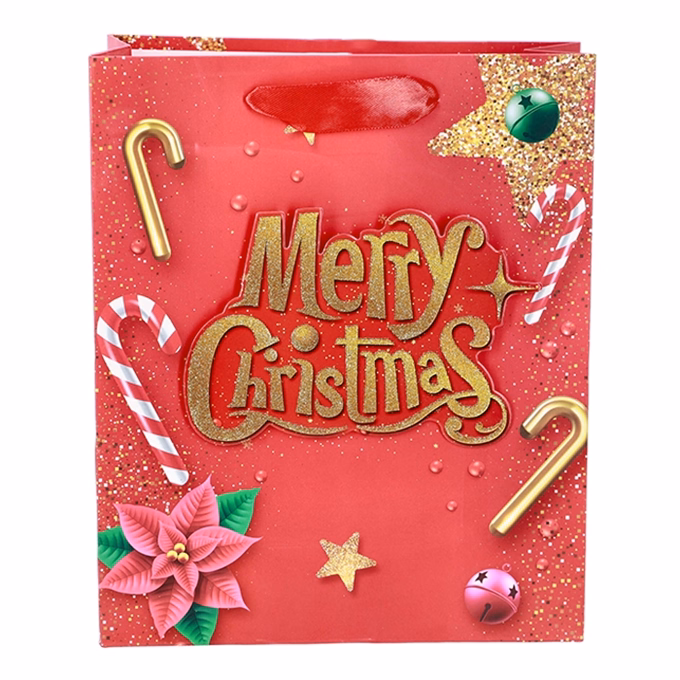 Dísztasak CREATIVE Simple S 23,5x19,5x8 cm karácsonyi feliratos 3D glitteres szalagfüles