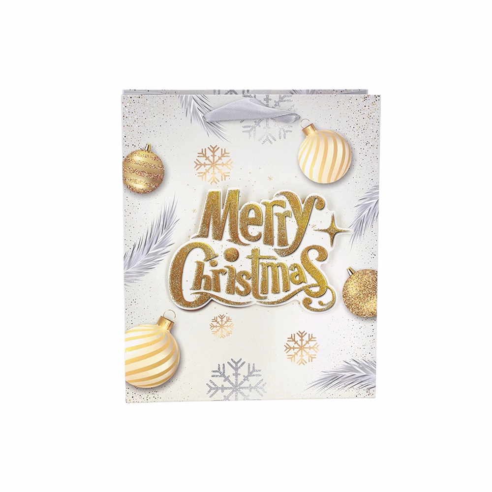 Dísztasak CREATIVE Simple S 23,5x19,5x8 cm karácsonyi feliratos 3D glitteres szalagfüles