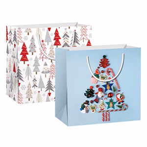 Dísztasak CREATIVE Special S 14x14x6,5 cm karácsonyi színes fényes 2 mintával szalagfüles