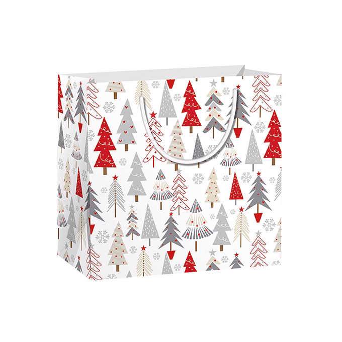 Dísztasak CREATIVE Special S 14x14x6,5 cm karácsonyi színes fényes 2 mintával szalagfüles