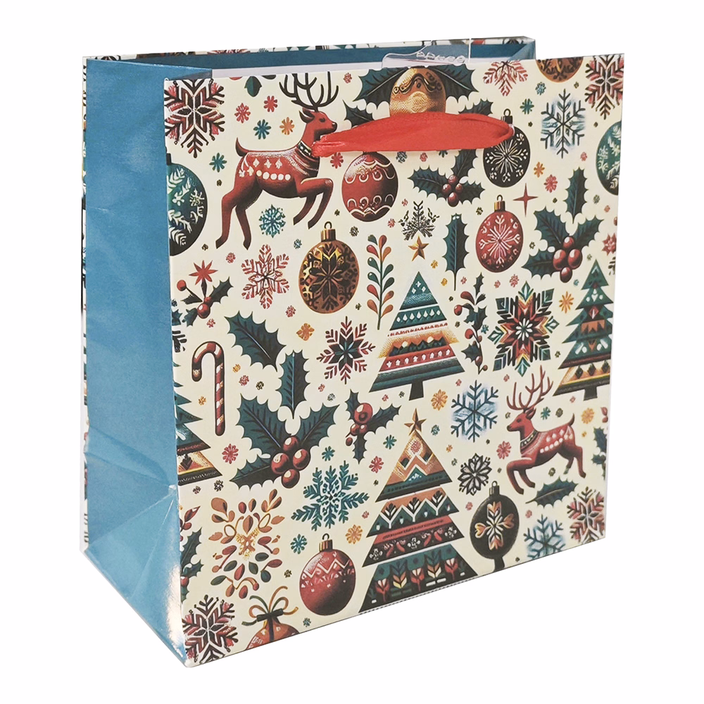 Dísztasak CREATIVE Special S 14x14x6,5 cm karácsonyi színes fényes 2 mintával szalagfüles