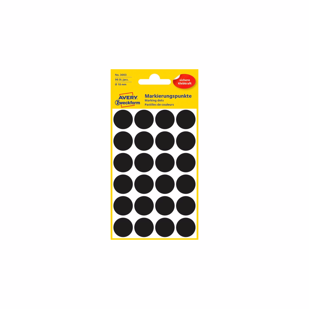 Etikett AVERY 3003 jelölőpont 18 mm fekete 96 címke/doboz 4 ív/doboz