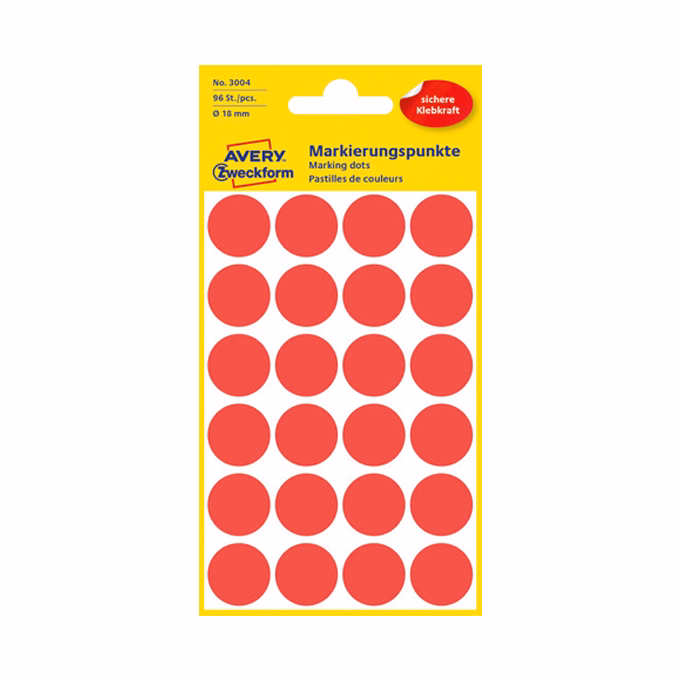 Etikett AVERY 3004 jelölőpont 18mm piros 96 darabos