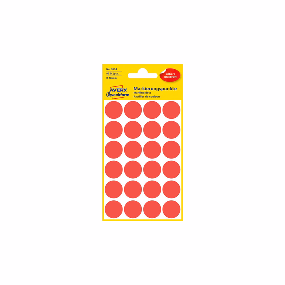 Etikett AVERY 3004 jelölőpont 18mm piros 96 darabos