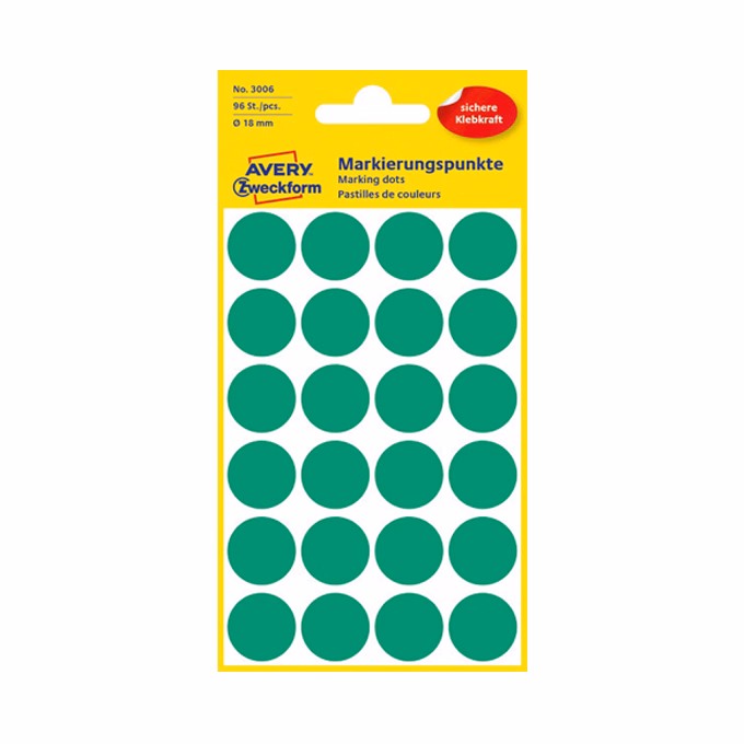 Etikett AVERY 3006 jelölőpont 18mm zöld 96 darabos