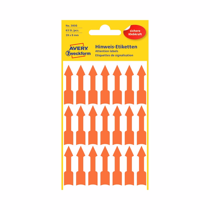 Etikett AVERY 3008 nyíl alakú fluoreszkáló piros 39x9mm 63 címke/csomag