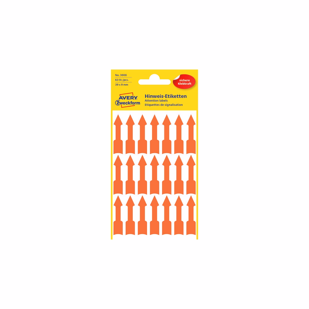 Etikett AVERY 3008 nyíl alakú fluoreszkáló piros 39x9mm 63 címke/csomag