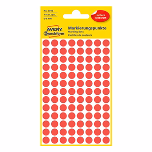 Etikett AVERY 3010 jelölőpont 8mm piros 416 darabos