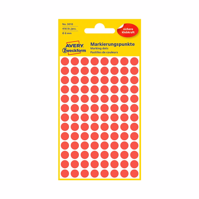 Etikett AVERY 3010 jelölőpont 8mm piros 416 darabos