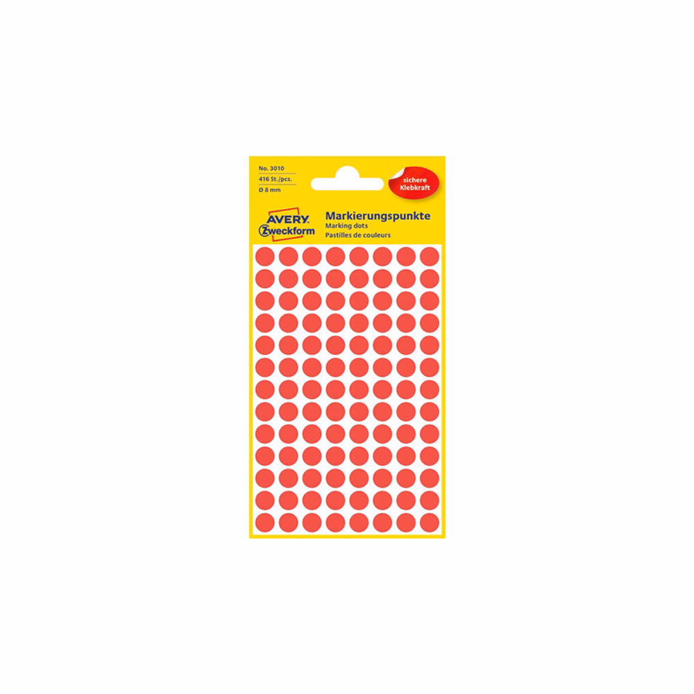Etikett AVERY 3010 jelölőpont 8mm piros 416 darabos
