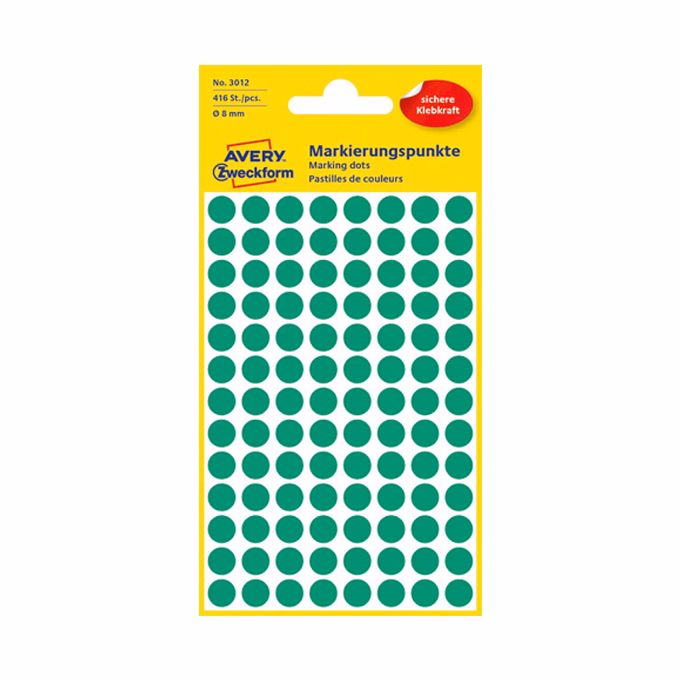 Etikett AVERY 3012 jelölőpont 8mm zöld 416 darabos