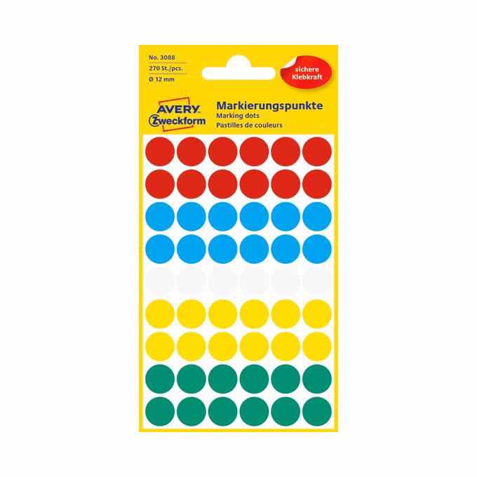 Etikett AVERY 3088 jelölőcimke 12mm 5 vegyes szín 270 címke/doboz 5 ív/doboz