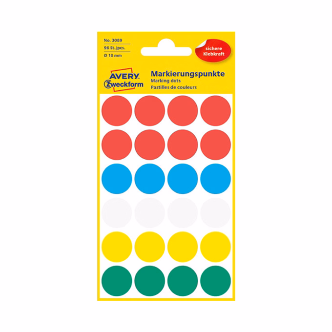 Etikett AVERY 3089 öntapadó jelölőpont vegyes 5 szín 18 mm 96 jelölőpont/csomag