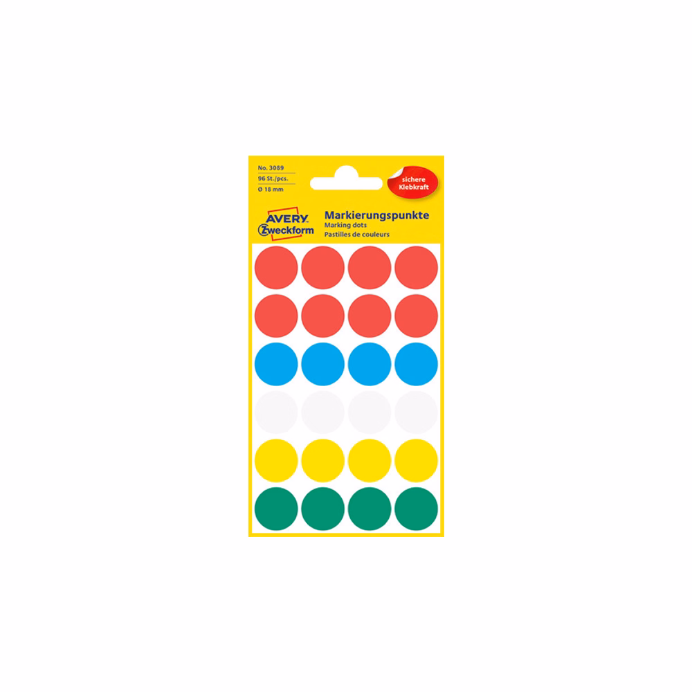 Etikett AVERY 3089 öntapadó jelölőpont vegyes 5 szín 18 mm 96 jelölőpont/csomag