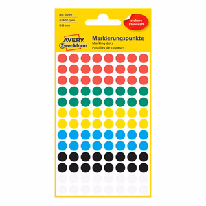 Etikett AVERY 3090 öntapadó jelölőpont vegyes 6 szín 8mm 416 jelölőpont/csomag