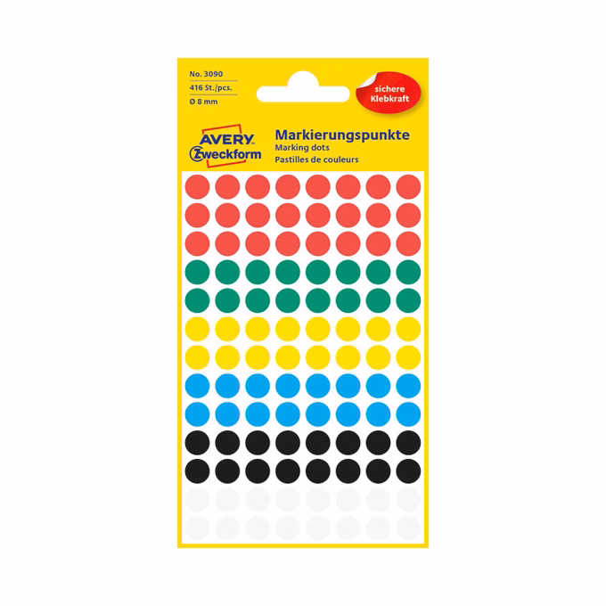 Etikett AVERY 3090 öntapadó jelölőpont vegyes 6 szín 8mm 416 jelölőpont/csomag