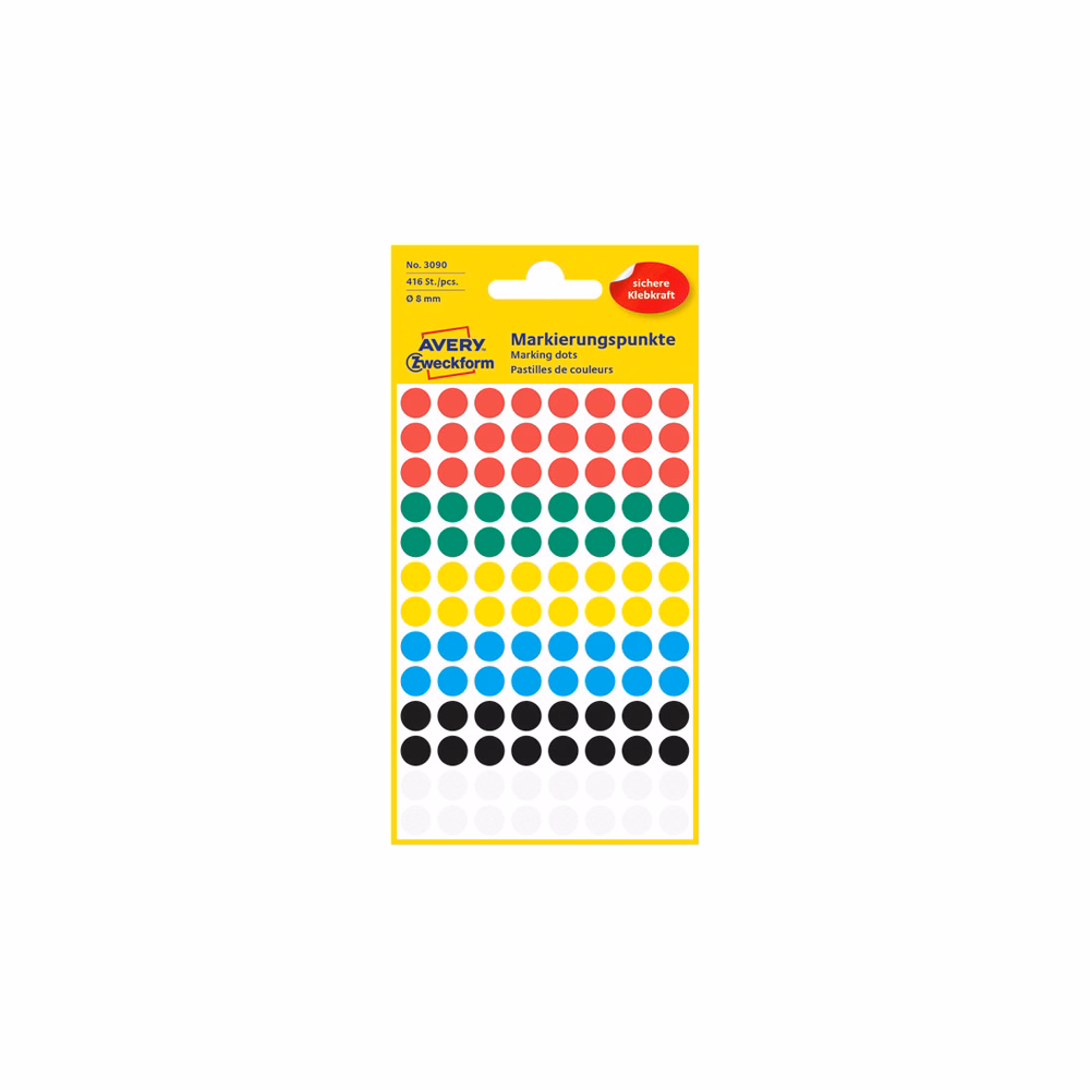 Etikett AVERY 3090 öntapadó jelölőpont vegyes 6 szín 8mm 416 jelölőpont/csomag