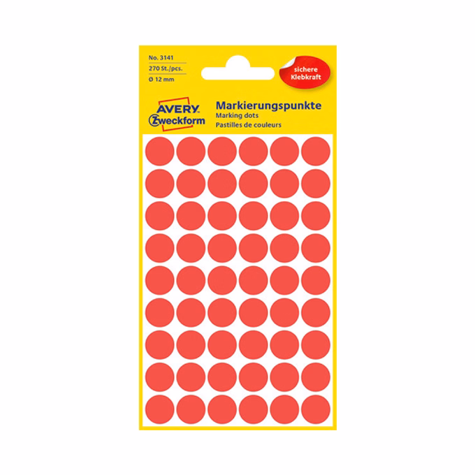Etikett AVERY 3141 jelölőpont 12mm piros 270 darabos