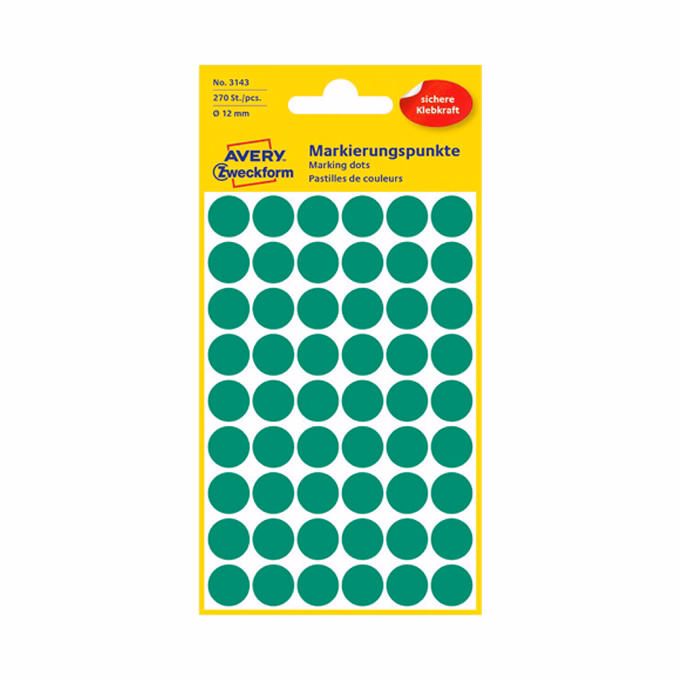 Etikett AVERY 3143 jelölőpont 12mm zöld 270 darabos