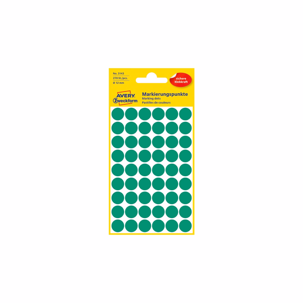 Etikett AVERY 3143 jelölőpont 12mm zöld 270 darabos