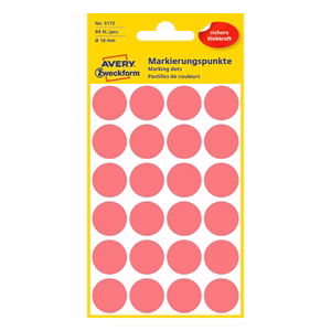 Etikett AVERY 3172 jelölőpont 18mm neon piros 96 címke/doboz 4 ív/doboz