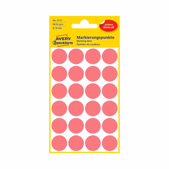 Etikett AVERY 3172 jelölőpont 18mm neon piros 96 címke/doboz 4 ív/doboz