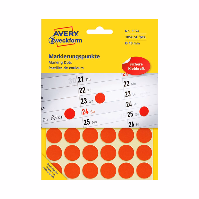 Etikett AVERY 3374 jelölőpont 18mm piros  96 darabos
