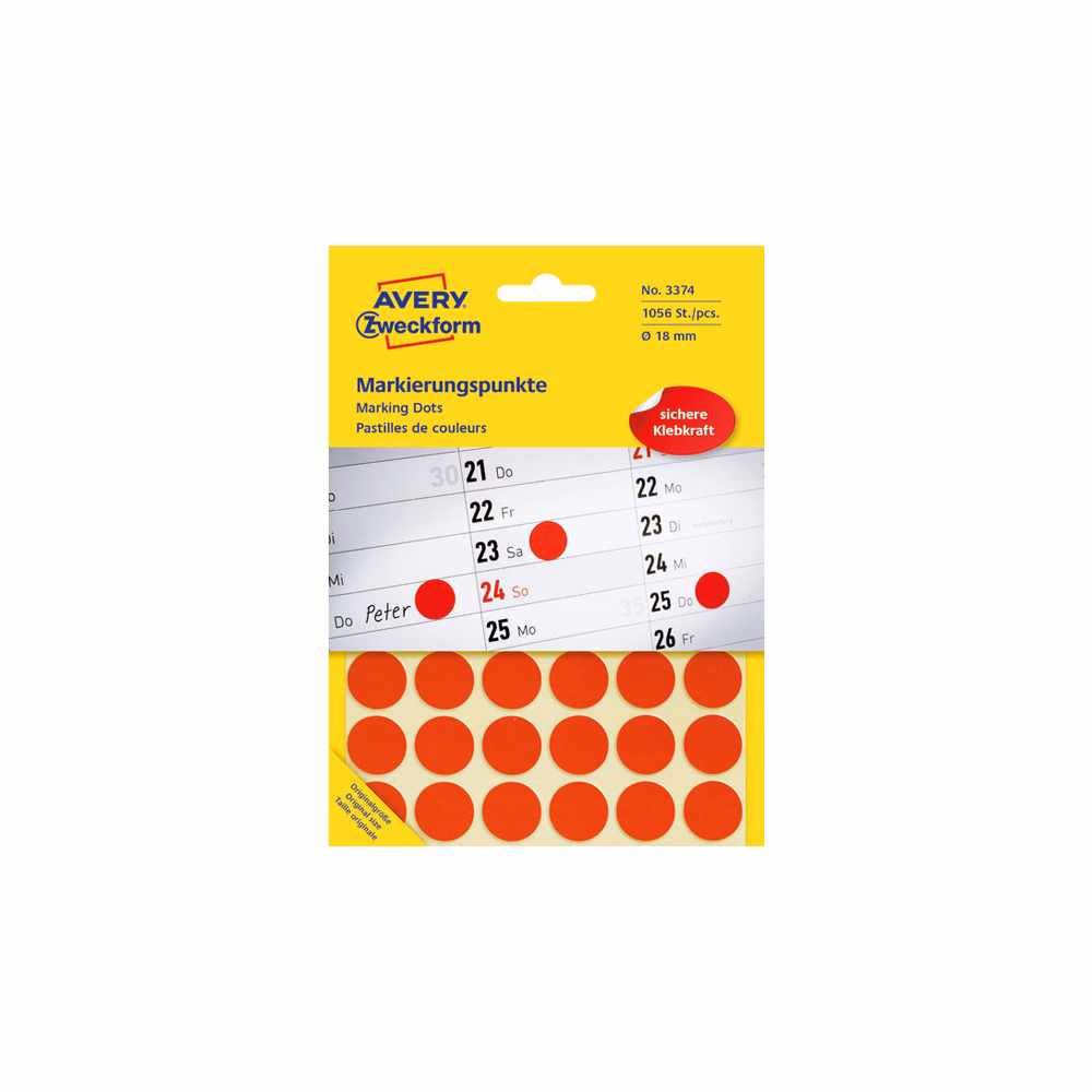 Etikett AVERY 3374 jelölőpont 18mm piros  96 darabos