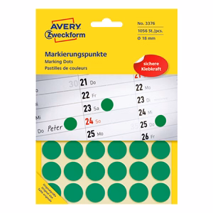 Etikett AVERY 3376 öntapadó jelölőpont zöld 18mm 1056 jelölőpont/csomag
