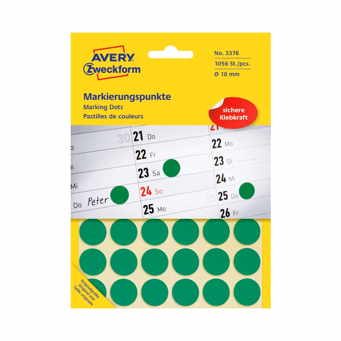 Etikett AVERY 3376 öntapadó jelölőpont zöld 18mm 1056 jelölőpont/csomag