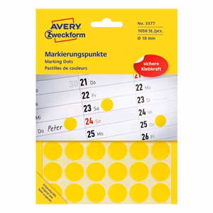 Etikett AVERY 3377 öntapadó jelölőpont sárga 18mm 1056 jelölőpont/csomag