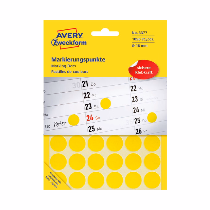 Etikett AVERY 3377 öntapadó jelölőpont sárga 18mm 1056 jelölőpont/csomag